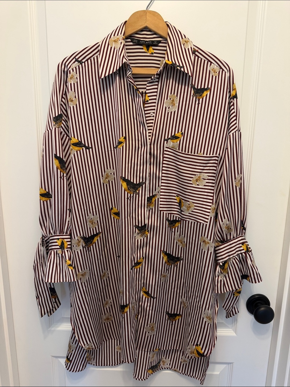 Zara Striped Bird-Print Long Blouse - Maroon, White & Yellow